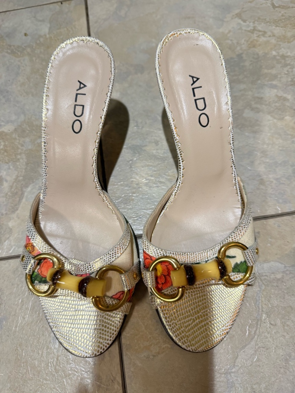 Aldo Metallic Gold Slide Mules with Floral and Yellow Accent